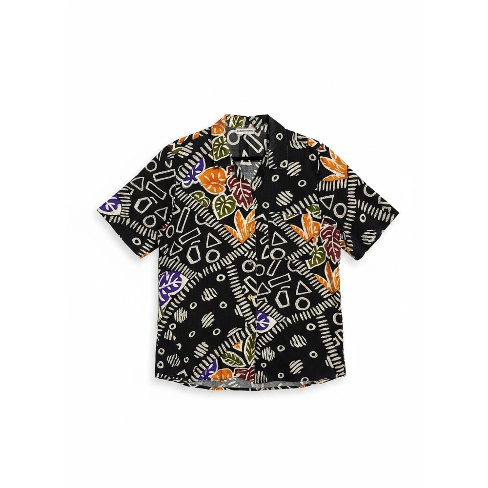Adrian Jordan Womens Black Rayon Abstract Tropical Geometric Button Down Shirt